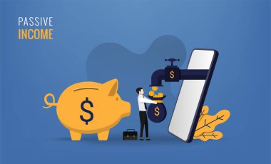Passive income concept with businessman and his smartphone symbol. Coins come out from the phone vector illustration