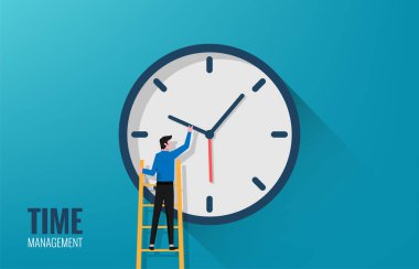 Businessman trying to set a big clock vector illustration.