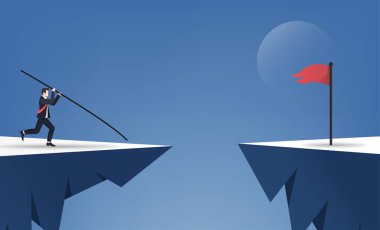 Businessman doing pole vault to jumps over the red flag concept. Business symbol vector illustration.