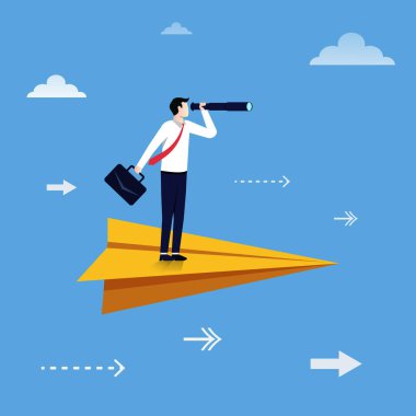 Businessman standing on a plane paper with his binocular. Business vision concept vector illustration