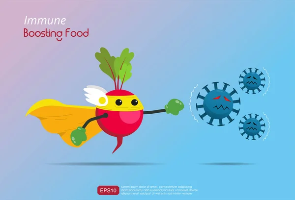 Funny Cartoon Character Red Radish Superhero Fight Outbreak Viruses Bacteria — ストックベクタ