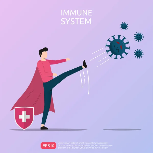 Strong Immune System Concept Powerful Man Character Kicking Virus Infectious — ストックベクタ