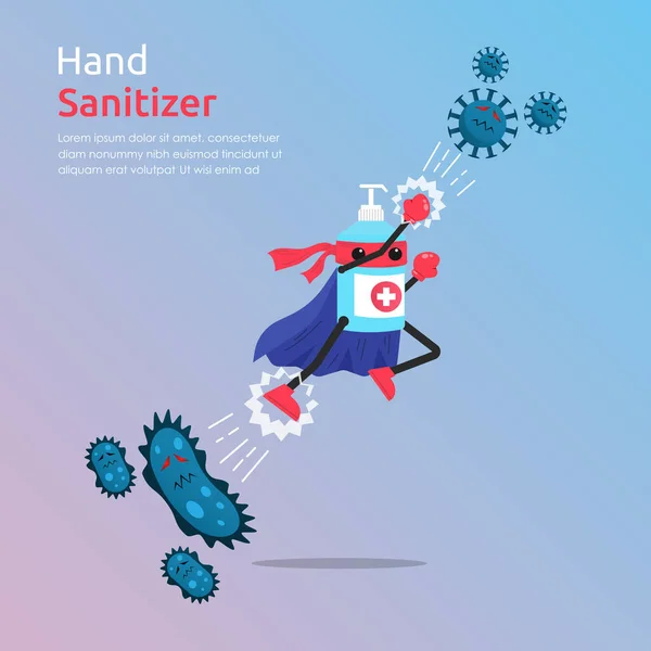 Funny Cartoon Character Hand Sanitizer Superhero Fight Outbreak Viruses Bacteria — ストックベクタ