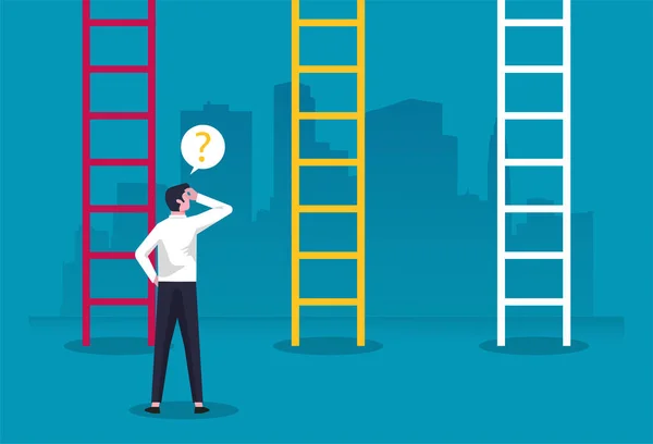 Businessman Character Standing Front Ladders Confused Making Decision Business Illustration — Διανυσματικό Αρχείο