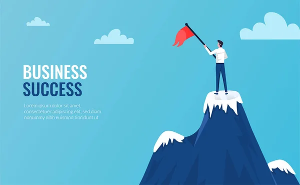 Businessman Standing Mountains Top Winner Pose Vector Illustration Flag Rise — ストックベクタ
