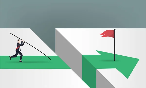Businessman Doing Pole Vault Jumps Red Flag Green Arrow Direction — Stock vektor