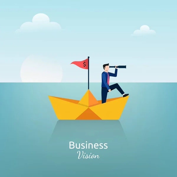 Businessman Standing Telescope Paper Ship Symbol Business Vision Vector Illustration — ストックベクタ