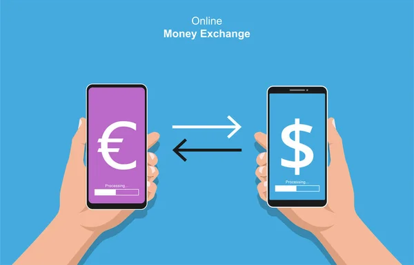 Handen Vasthouden Smartphone Doet Transacties Concept Online Geld Wisselen Vector — Stockvector