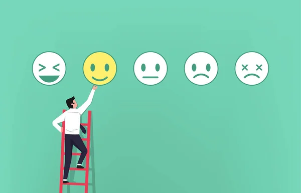 Zakenman Ladder Geeft Feedback Met Emoticons Symbool Concept Klanttevredenheid Vector — Stockvector