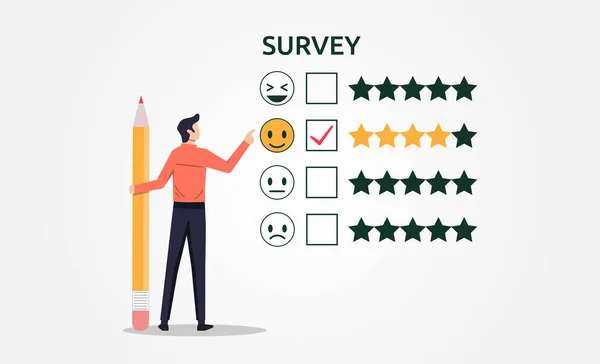 Man Pencil Filling Survey Form Concept Survey Feedback Customer Satisfaction — Stok Vektör