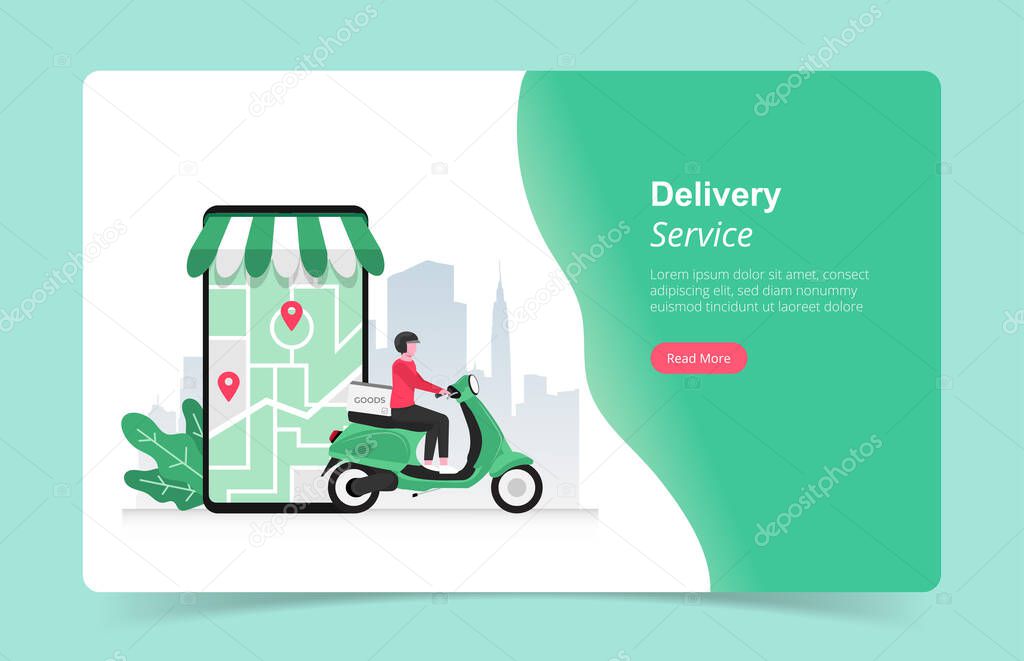 Online fast delivery services concept. courier man illustration with green scooter and smartphone app navigation. city skyline in the background. Landing page flat vector