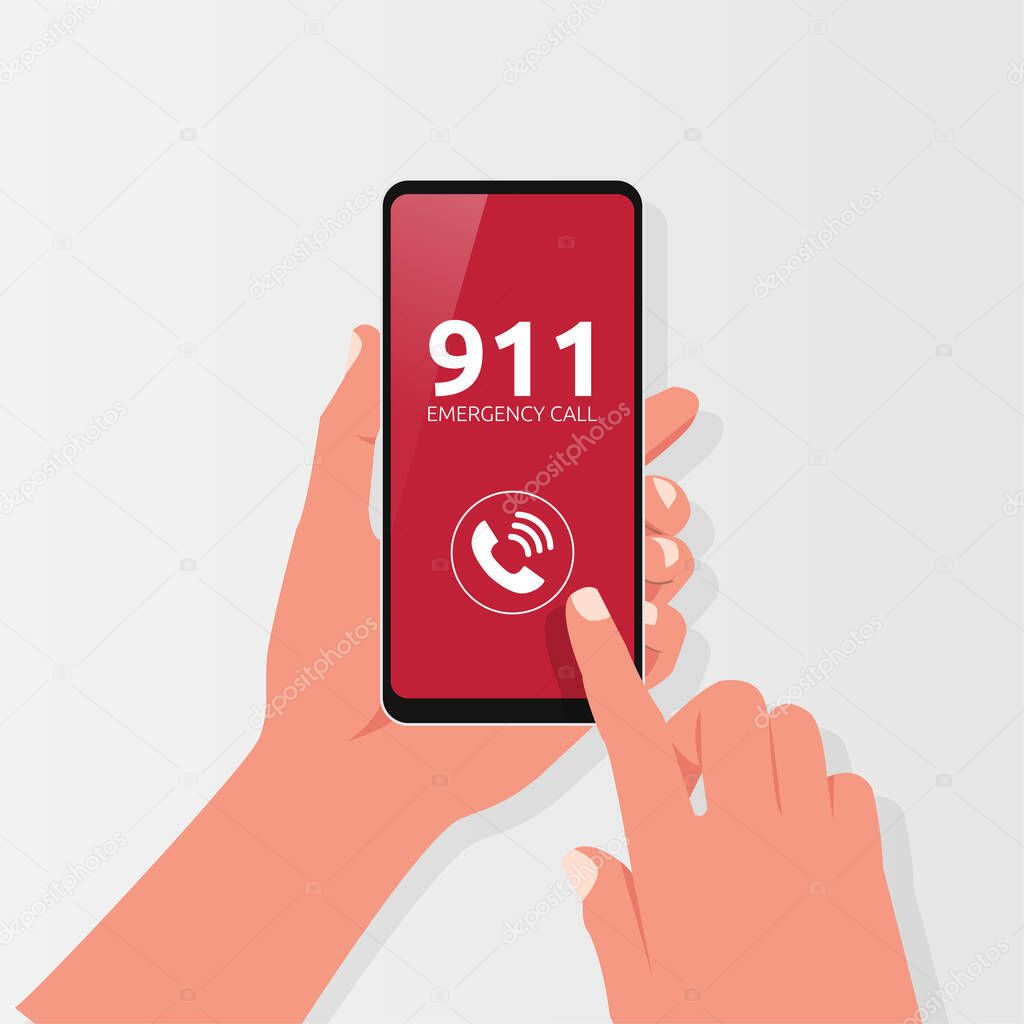 Hand holding phone with emergency phone call symbol. Safety concept vector illustration