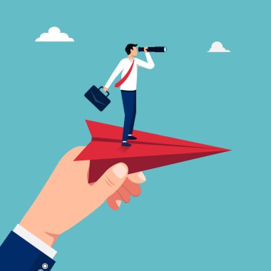 Üzerinde iş adamı resmi olan kırmızı kağıt uçağı tutan büyük bir el..