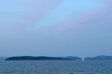 San Juan Adaları 'ndan tükürüğe yaklaşan yelkenli, Sidney Spit, Körfez Adaları Ulusal Parkı Kanada