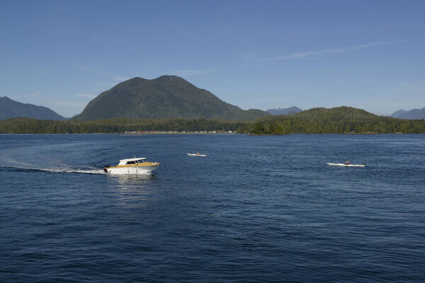 Маленькая рыбацкая лодка приближается к гавани Тофино, Тофино, остров Ванкувер, Британская Колумбия, Канада