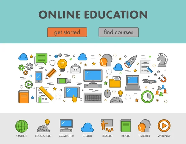 Lineaire ontwerpconcept web banner voor e-learning en Online Educa — Stockvector