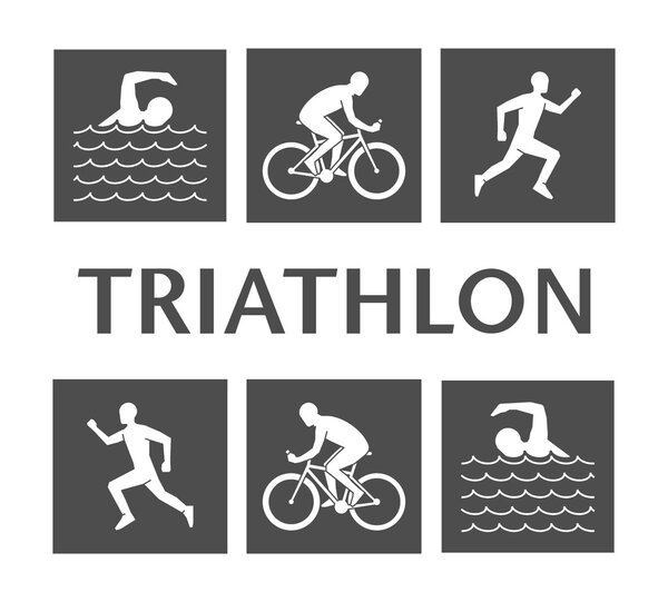 Flat logo triathlon. Vector figures triathletes.