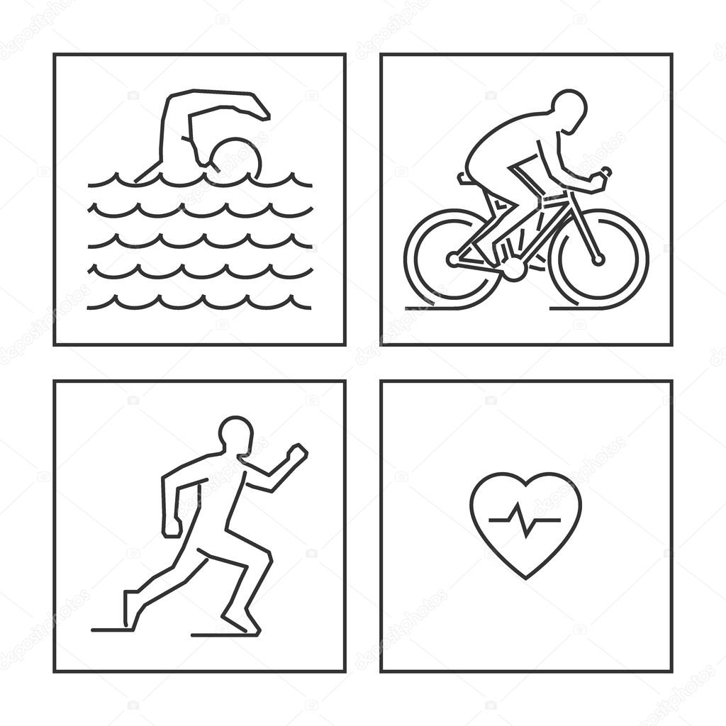 Line logo triathlon. Vector figures triathletes on a white background. Linear figure athlete. Swimming, cycling and running icons.