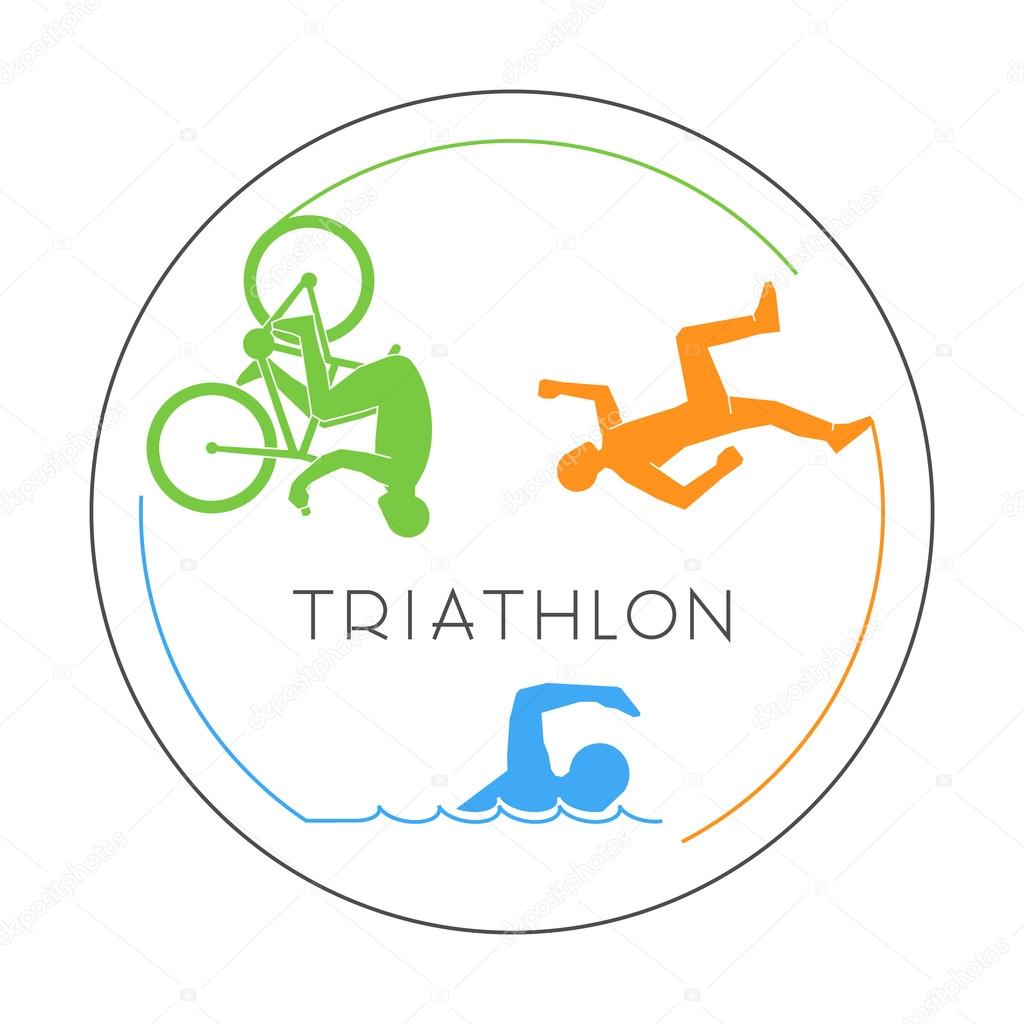 Modern line logo triathlon. Vector figures triathletes on a white background. Linear figure athlete. Swimming, cycling and running icons.