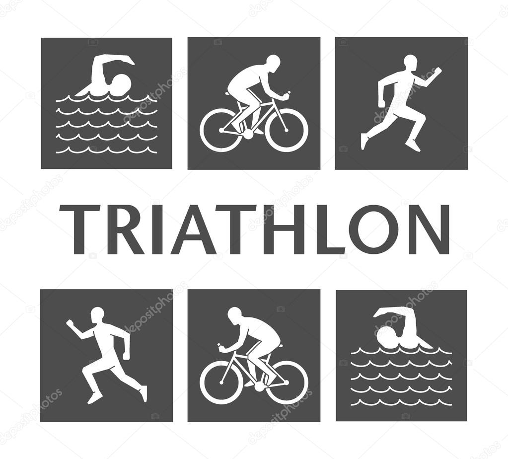 Flat logo triathlon. Vector figures triathletes on a white background. Flat figure athlete. Swimming, cycling and running icons.