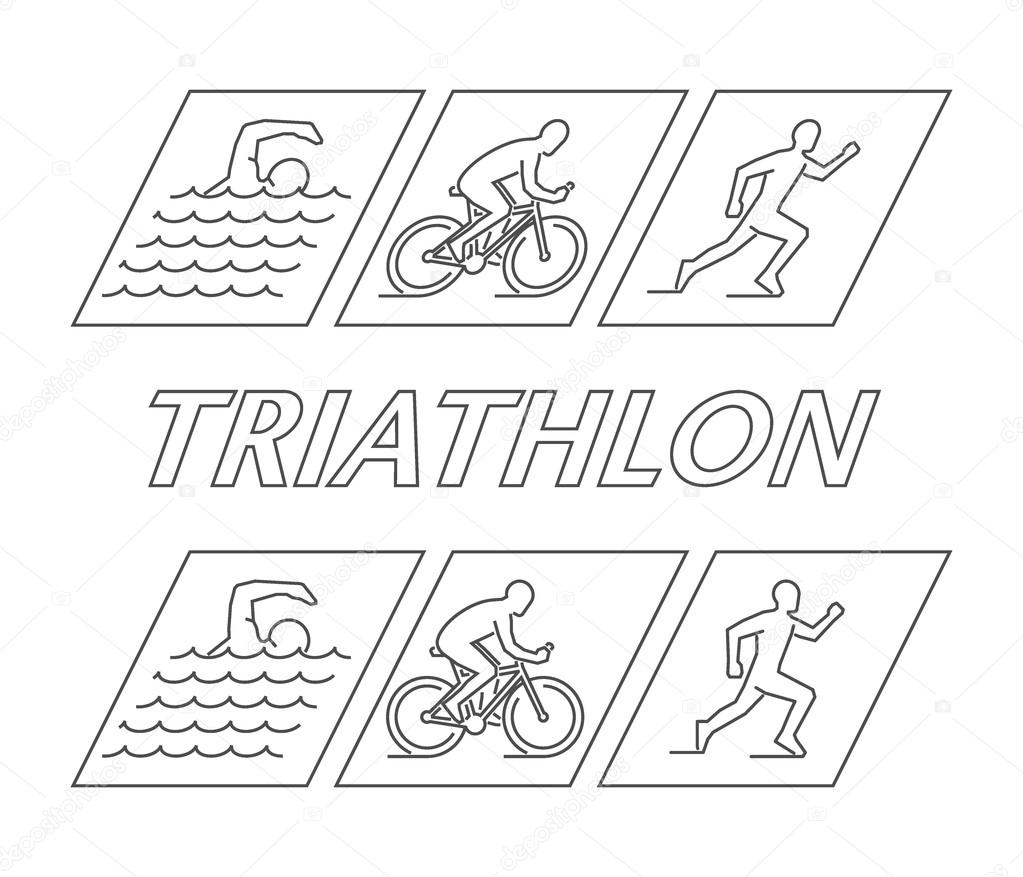 Line logo triathlon. Vector figures triathletes on a white background. Linear figure athlete. Swimming, cycling and running icons.