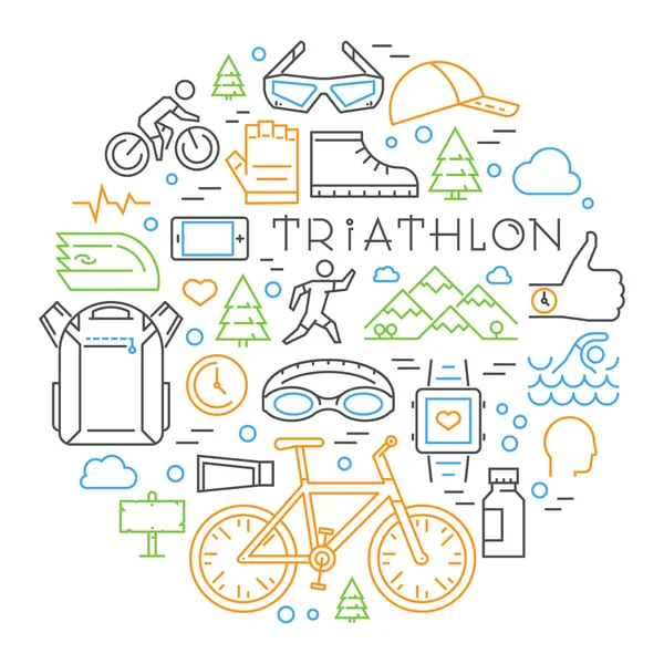 Colored linear triathlon concept. Line triathlete and other elem — Stock Vector