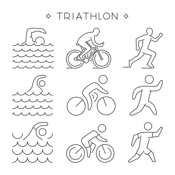 Linear triathlon symbol. Vector figures triathletes. — Stock Vector