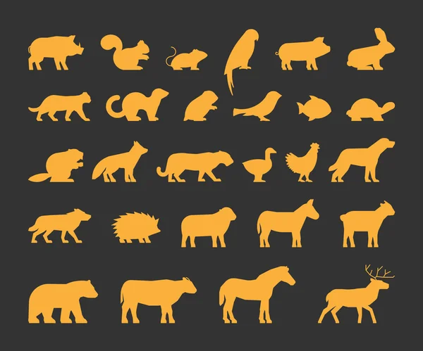 Gouden silhouetten set boerderij en wilde dieren. — Stockvector