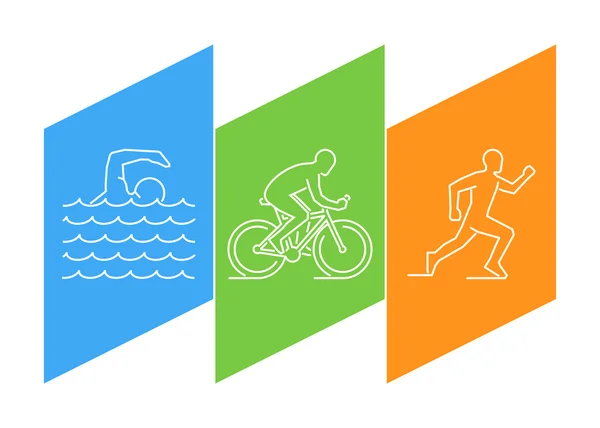 Linha de cores logotipo triatlo e figuras triatletas . —  Vetores de Stock