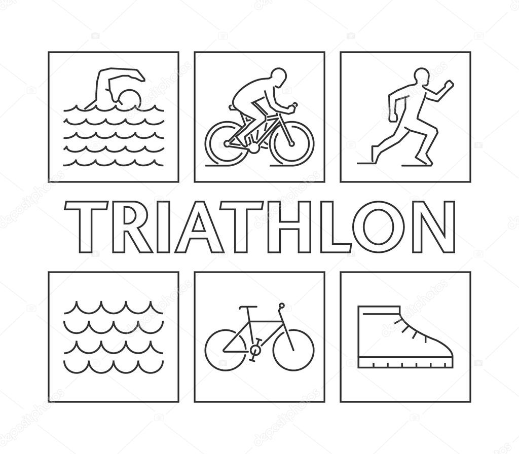 Modern line logo triathlon. Vector figures triathletes on a white background. Linear figure triathlon athletes. Swimming, cycling and running icons.