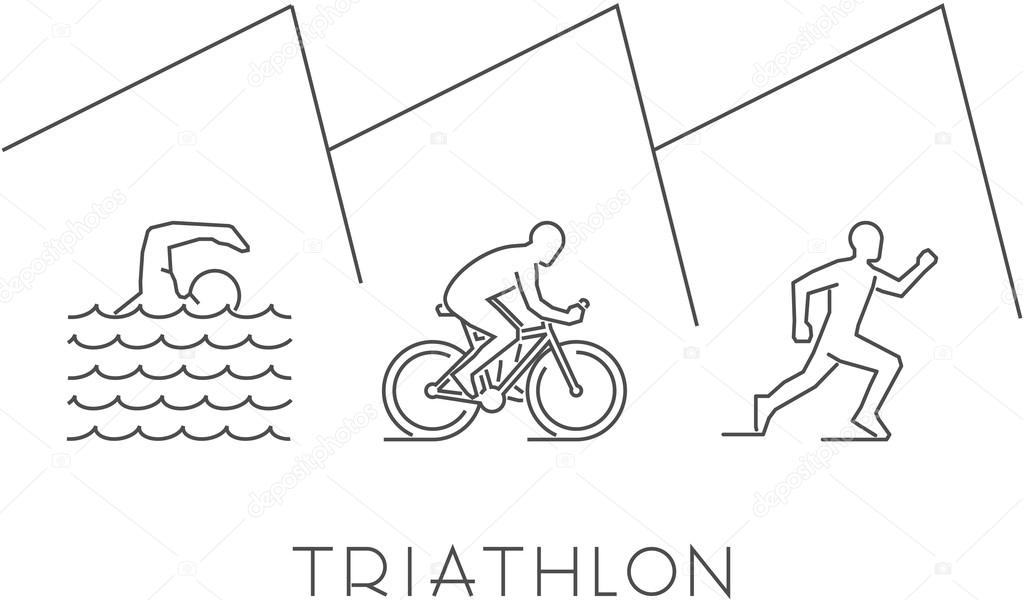 Line illustration triathlon. Vector figures triathletes on a white background. Linear figure triathlon athletes. Swimming, cycling and running.