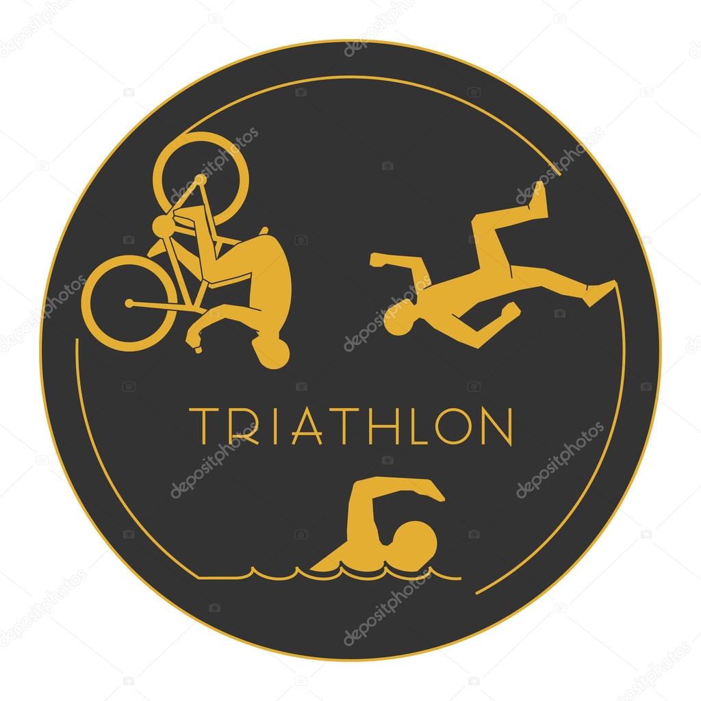 Gold logo triathlon. Gold figures triathletes on a white background. Vector figure triathlon athletes. Swimming, cycling and running icons.