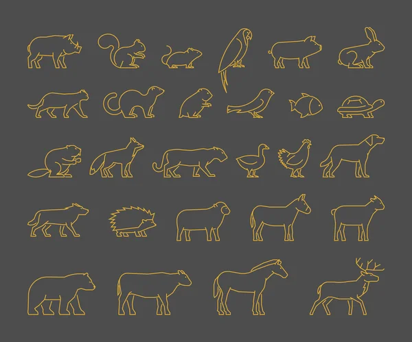 Ensemble de ligne d'or d'animaux domestiques, de ferme et sauvages . — Image vectorielle