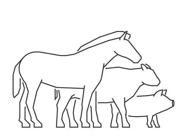 Línea vectorial animales de granja. Esquema caballo, cerdo, vaca y pollo . — Archivo Imágenes Vectoriales