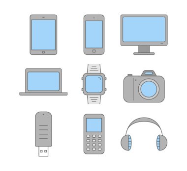 Elektronik cihazların vektör çizgisi kümesi.
