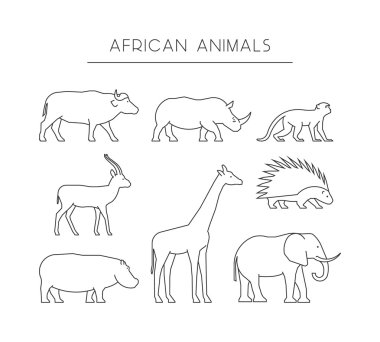 Vektör hat Afrika hayvanları. Anahat simgeleri Afrika hayvanları.