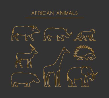 Vektör hat Afrika hayvanları. Altın siluetleri Afrika hayvanları.