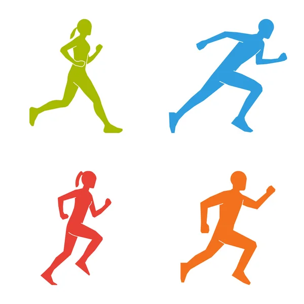 Colored silhouettes of runners. Flat vector figures marathoner. — Stock Vector