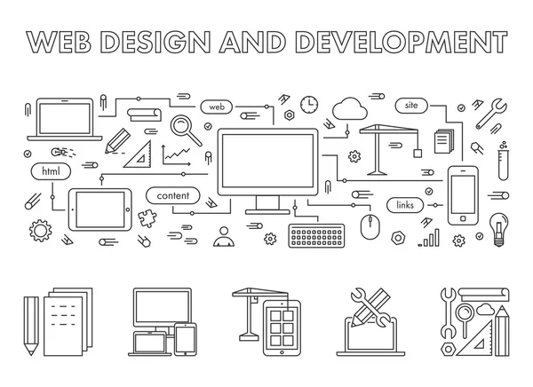 Banner web de concepto de línea vectorial para el desarrollo de aplicaciones . — Archivo Imágenes Vectoriales