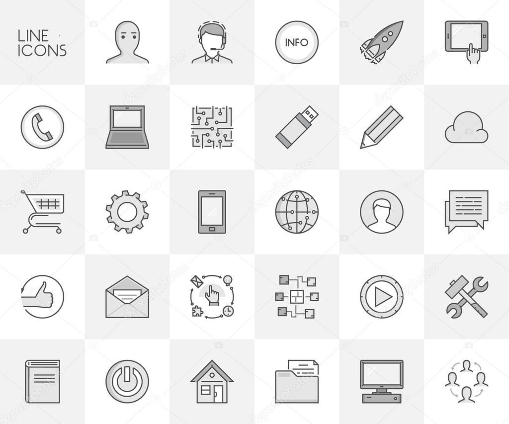 Vector line set of icons for app development and online business