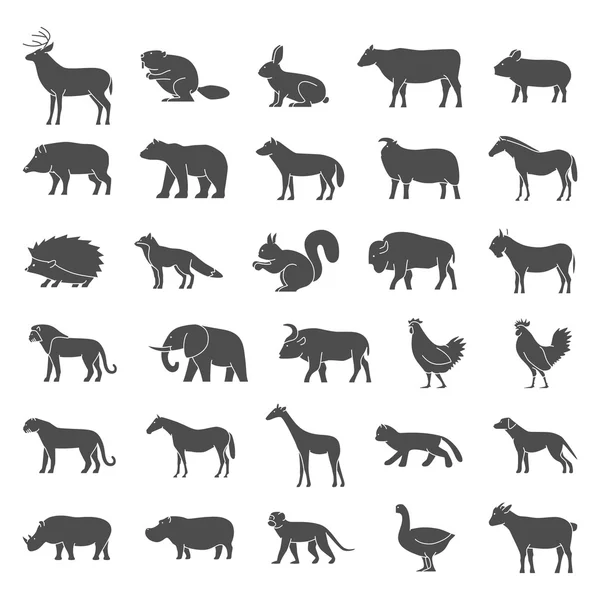 Ensemble vectoriel silhouettes noires d'animaux — Image vectorielle