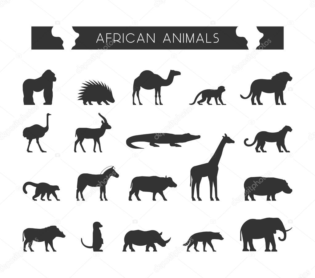 Vector set silhouettes of African animals. Vector silhouette of lion, leopard, monkey and crocodile. Geometric black animals of Africa. The black silhouette of a lemur, giraffe, hyena and elephant.