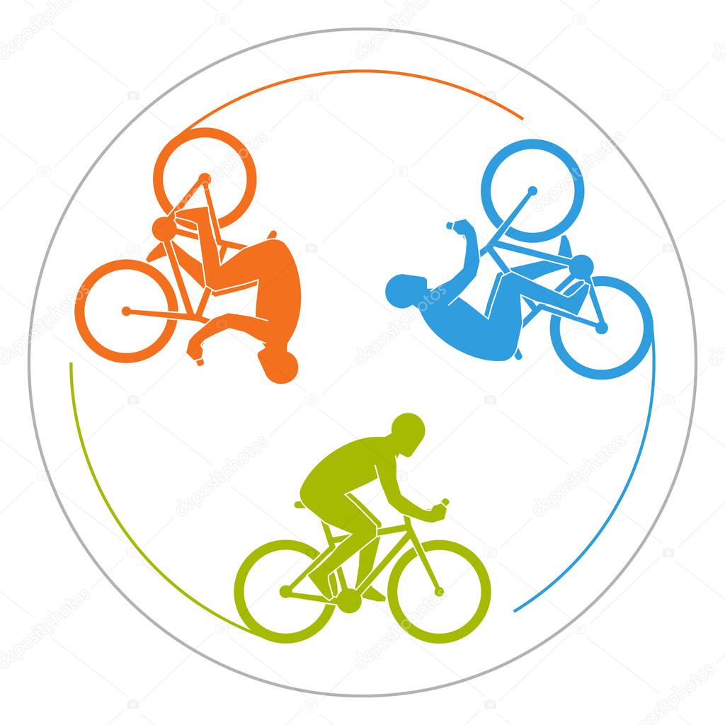 Circular logo Cycling. Vector symbol for cycling club. Colorful icon cyclist. Silhouette of man on bicycle.