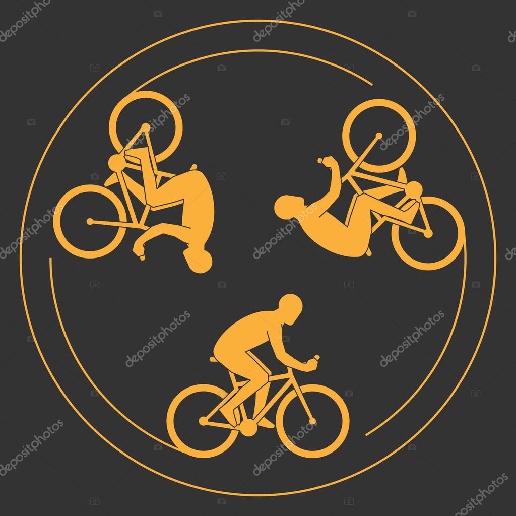 Gold modern logo cycling club. Vector symbol of a bicycle. Modern cyclists silhouettes on a black background.