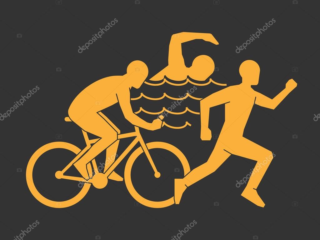 Gold modern logo triathlon club. Vector symbol of a triathlon. Modern triathlete silhouettes on a black background.