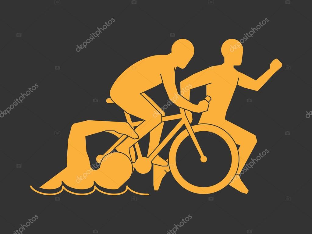 Gold symbol triathlon. Vector modern logo triathlon club. Modern triathlete silhouettes on a black background.