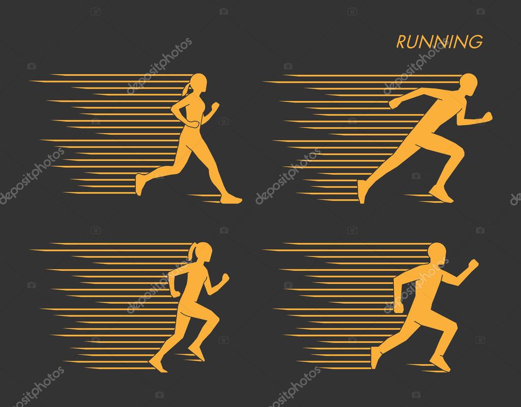 Modern vector symbol for run. Gold set of silhouettes of runners. Vector figure runners. Stylish logo for running on black background.