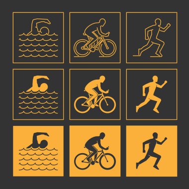 Çağdaş çizgi triatlon sembolü. Altın vektör resimler triathletes.