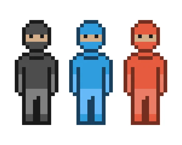 Vektor Pixel Art rot, blau und schwarz Ninja. — Stockvektor