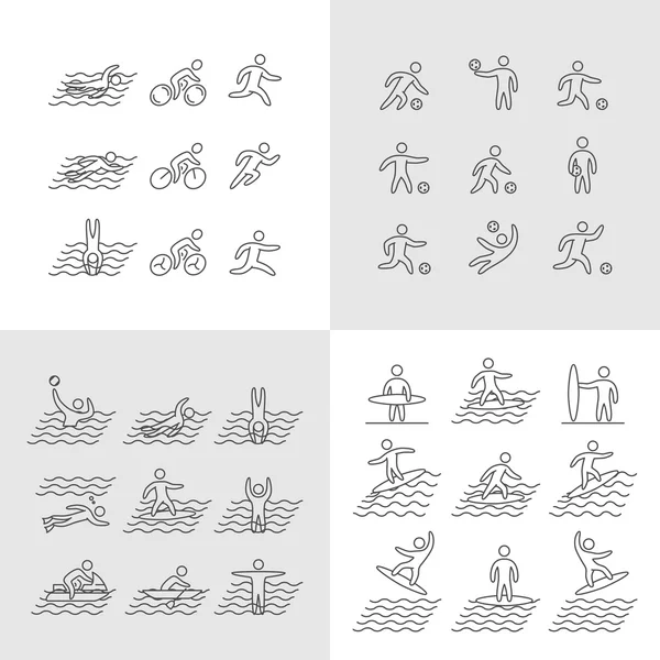 Icono triatlón, fútbol, buceo y surf . — Vector de stock